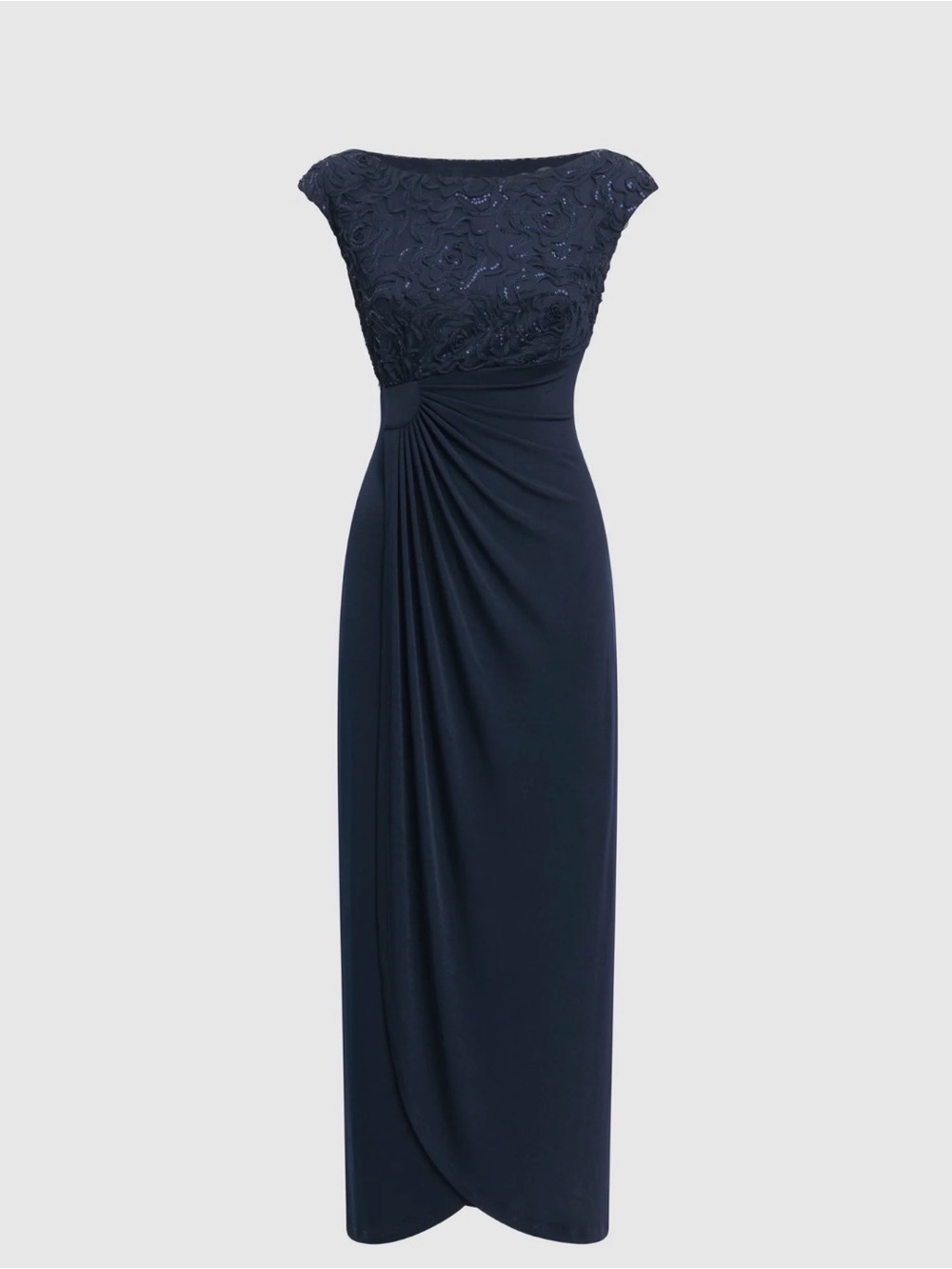 Elegant Navy Cap-Sleeve Maxi Dress with Embellished Bodice